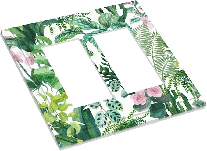 Tropical Palm Leaves Green Jungle Botanical Floral Flowers Decorative Outlet Covers 2 Gang Double GFCI Rocker Electrical Wall Panels Light Switch Cover Plate for Bedroom Living Room Decor