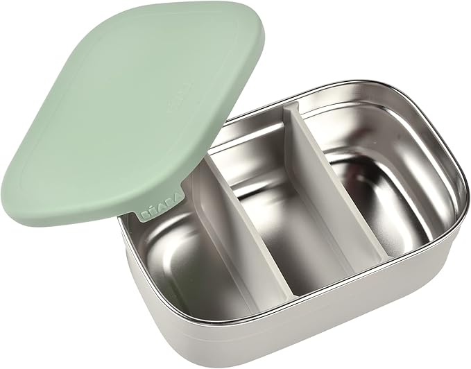 Beaba Stainless Steel Lunch Box, Kids Lunch Box with Silicone Lid, Bento Style Food Containers, Removable Silicone Dividers Make 1-3 Compartments, Sage