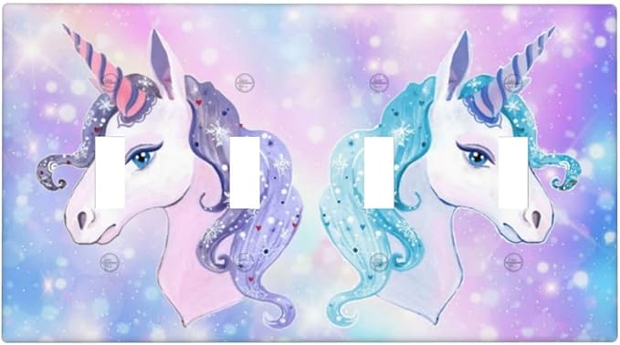 Girl Purple Pink Rainbow Blue Unicorn Decorative 4 Gang Quad Toggle Light Switch Cover Electric Large Size Quadruple Faceplate Decorative Switch Face Wallplate