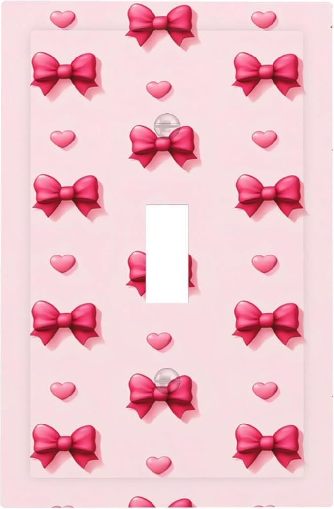 Pink Bow & Heart 1-Gang Toggle Light Switch Plate, Preppy Coquette Sweetheart Girly Decorative Wall Plate for Girls Room