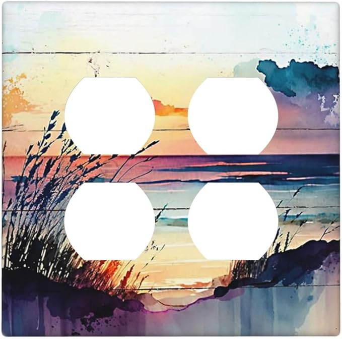 Decorative Outlet Covers Watercolor Sunset Beach Nature Coastal Seascape 2 Gang Wall Plate Double Duplex Light Switch Cover Switch Plate Covers Faceplate for Bedroom Home Decor