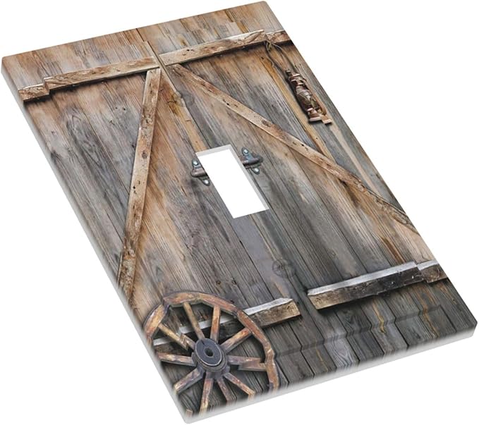 Western Rustic Barn Door Wooden Vintage Farm Wooden Country Garage Cabin 1 Gang Single Toggle Electrical Outlet Light Switch Wall Plate Receptacle Face Plate Cover Decorative One Device Switchplate