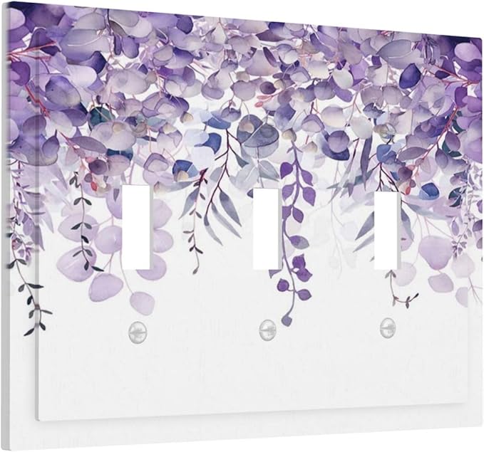 Purple Plants Leaves Eucalyptus Vine Floral Flowers Decorative Switch Plates 3 Gang Wall Plate Triple Toggle Light Switch Cover Faceplate Electrical Wall Panels for Bedroom Living Room Decor
