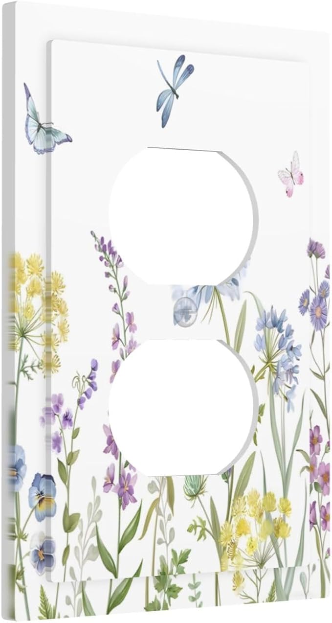 Colorful Wildflowers Dragonfly Lavender Butterfly Insect Outlet Covers 1 Gang Duplex Light Switch Cover Decorative Switch Plates Electrical Receptacle Faceplate Wall Plate for Bedroom Living Room