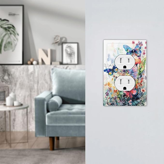 Decorative Outlet Covers Watercolor Colorful Floral Butterflies Wildflowers 1 Gang Duplex Light Switch Cover Plate Electrical Switch plates Wall Plates Receptacle Covers for Bathroom Bedroom