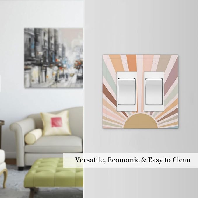 Boho Sun Rainbow Retro Aesthetic Abstract Art Sunrise Sunset Decorative Outlet Covers 2 Gang Double GFCI Rocker Electrical Wall Panels Light Switch Cover Plate for Kids Room Bedroom Decor