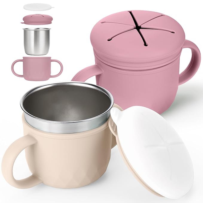 Mity rain 2-Pack Stainless Steel Snack Containers, 4-in-1 Spill proof Snack Cups With Silicone Lid and Handle, Dishwasher Safe Travel Snack Containers for Kids and Infants ((Pink + Yellow)