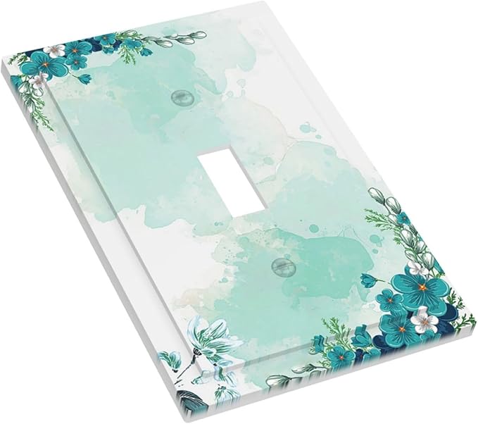 Decorative Light Switch Cover Blue Green Flowers Light Green Watercolor Patterns 1 Gang Single Toggle Decorator Outlet Wall Plate Device Electrical Faceplate Switchplates for Bedroom Home