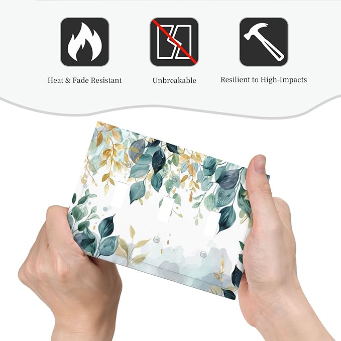 Boho Goldgreen Leaf Botanical Eucalyptus Leaves Decorative Switch Plates 3 Gang Wall Plate Triple Toggle Light Switch Cover Faceplate Electrical Wall Panels for Bedroom Living Room Decor
