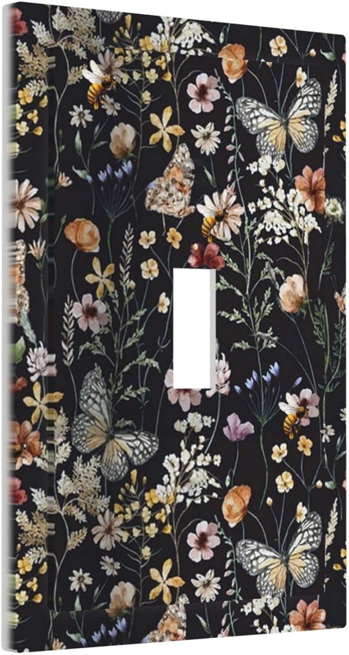 Vintage Flower Leaves Single Toggle Wall Plates Butterfly 1 Gang Light Switch Cover Cute Bees Switchplate Covers Decorative Dark Backgrounds Dimmer Decor for Bedroom Kitchen Bathroom