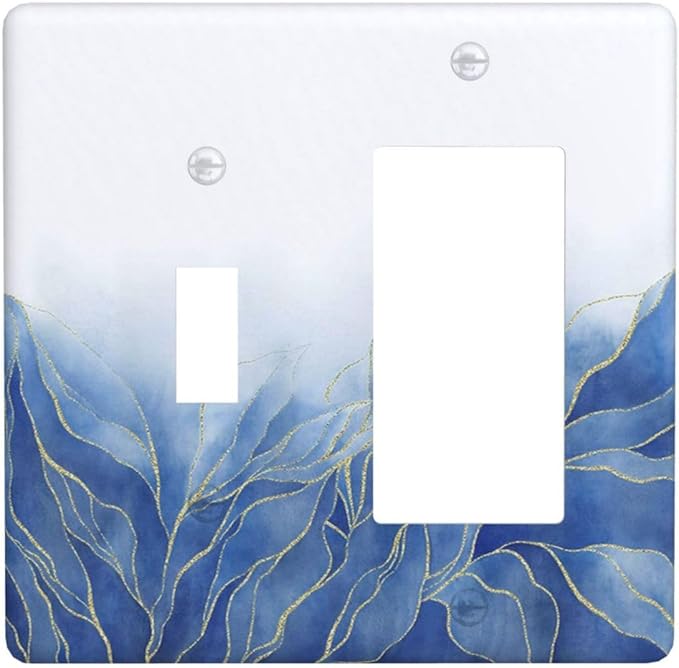 Outlet Covers Blue Gold Leaf Marble Modern Abstract 2 Gang Combo Light Switch Cover Plate Toggle Rocker Wallplates Decorative Switch Plates and Outlet Covers for Kitchen Bathroom Decor