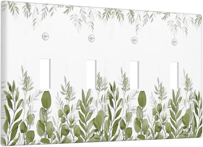 Green Eucalyptus Plant Leaves Vine Light Switch Covers Quad Toggle Electrical Faceplate 4 Gang Wall Plate Decorative Switch Plates for Bed Room Living Room Decor