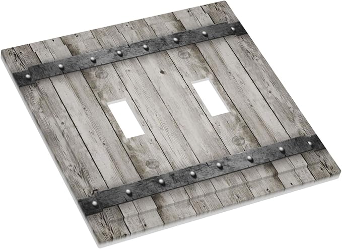Farmhouse Grey Wood Barn Door Double Toggle Light Switch Cover Decorative 2 Gang Electrical Switchplate Faceplate Rustic Country Gray Wall Plates for Kitchen Bedroom Bathroom Dector (Plastic）