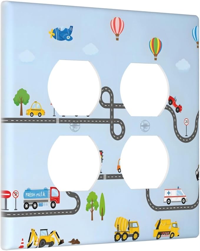 Road Construction Car Truck Hot Air Balloon Outlet Covers 2 Gang Double Duplex Decorative Light Switch Covers Electrical Wallplates Socket Faceplate for Nursery Kids Room Decor