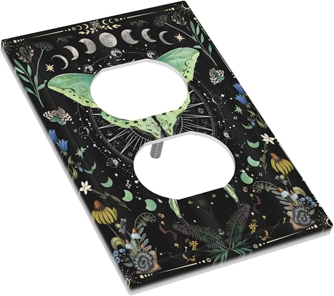 Moon Phase Butterfly Wildflower Plant Mysterious Night Moonlit Outlet Covers 1 Gang Duplex Light Switch Cover Decorative Switch Plates Electrical Receptacle Faceplate Wall Plate for Bedroom Home Decor