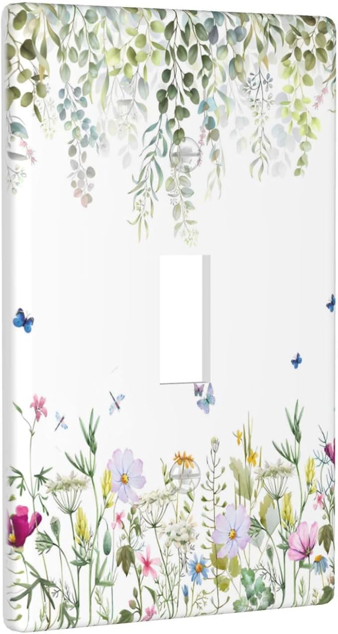 Green Floral Leaves Light Switch Cover Decorative Wild Flower 1 Gang Single Toggle Wall Plate Electrical Switchplate Faceplate for Bathroom Kitchen Bedroom