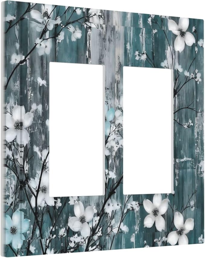 Rustic Blue Watercolor Flower Wooden Background Decorative Outlet Covers 2 Gang Double GFCI Rocker Electrical Wall Panels Light Switch Cover Plate for Bedroom Living Room Decor