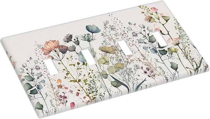 Beige Wild Flower Floral Blossom Decorative 4 Gang Quad Toggle Light Switch Cover Electric Large Size Quadruple Faceplate Decorative Switch Face Wallplate
