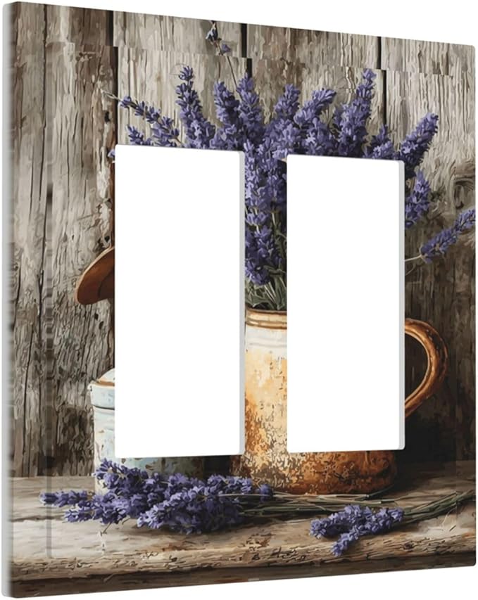 Rustic Flowers Lavender Purple Floral Oil Painting Decorative Outlet Covers 2 Gang Double GFCI Rocker Electrical Wall Panels Light Switch Cover Plate for Farmhouse Bedroom Decor
