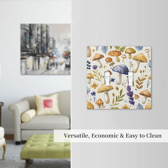 Boho Watercolor Mushroom Flowers Leaf Colorful Floral Decorative Switch Plates 2 Gang Double Toggle Outlet Light Switch Cover Wall Plate Electrical Faceplate for Kids Room Nursery Decor
