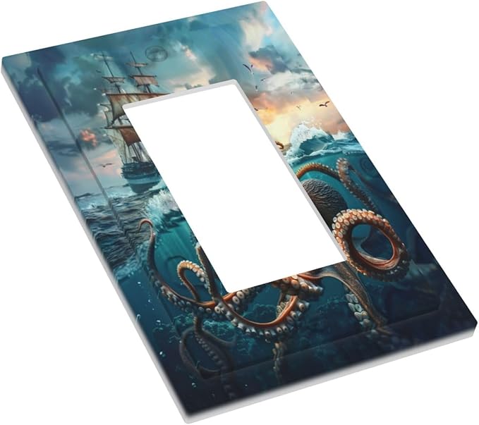 Light Switch Cover Plate Sailboat Ship Octopus Ocean Sea Waves 1 Gang Outlet Covers Single Rocker Decorative Switch plates Electrical Wall Plates GFCI Receptacle for Bathroom Bedroom Decor