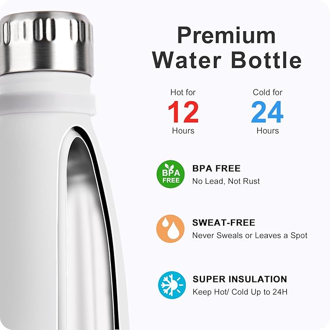 Small Water Bottles -9 oz Stainless Steel Insulated Water Bottles for Back to School Reusable Metal Flask for Girls (White)