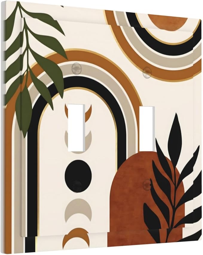Boho Mid Century Arch Plant Leaves Sun Moon Decorative Switch Plates 2 Gang Double Toggle Outlet Light Switch Cover Wall Plate Electrical Faceplate for Bedroom Living Room Decor
