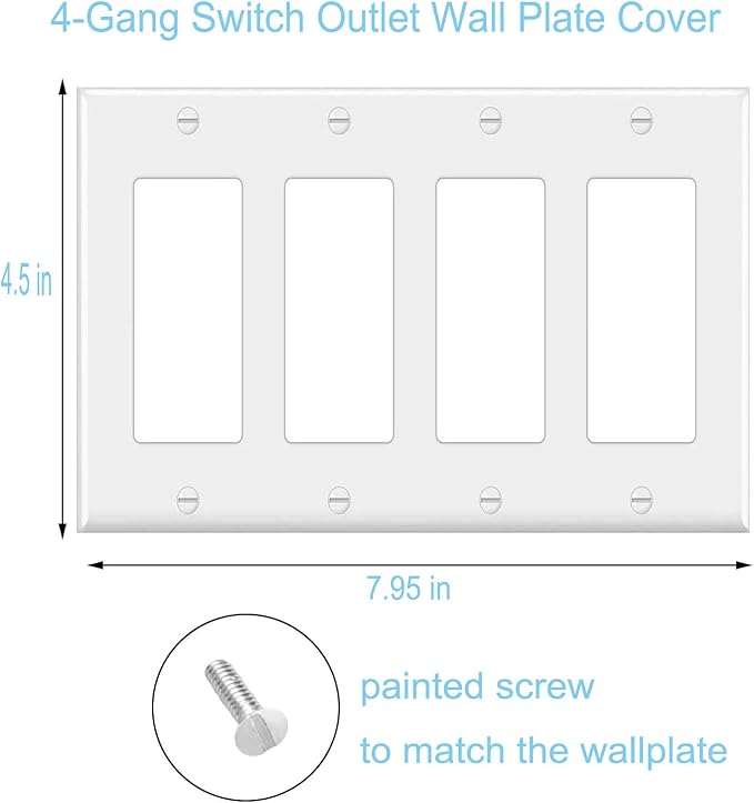 4-Gang Switch Outlet Wall Plate Cover Decorator Electrical Faceplate for Light Switch, Smart Switch, Receptacle, Dimmers, USB Outlet, GFCI, White (6-Pack)