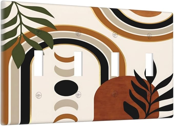 Boho Mid Century Arch Plant Leaves Sun Moon Light Switch Covers Quad Toggle Electrical Faceplate 4 Gang Wall Plate Decorative Switch Plates Cover for Bedroom Living Room Decor