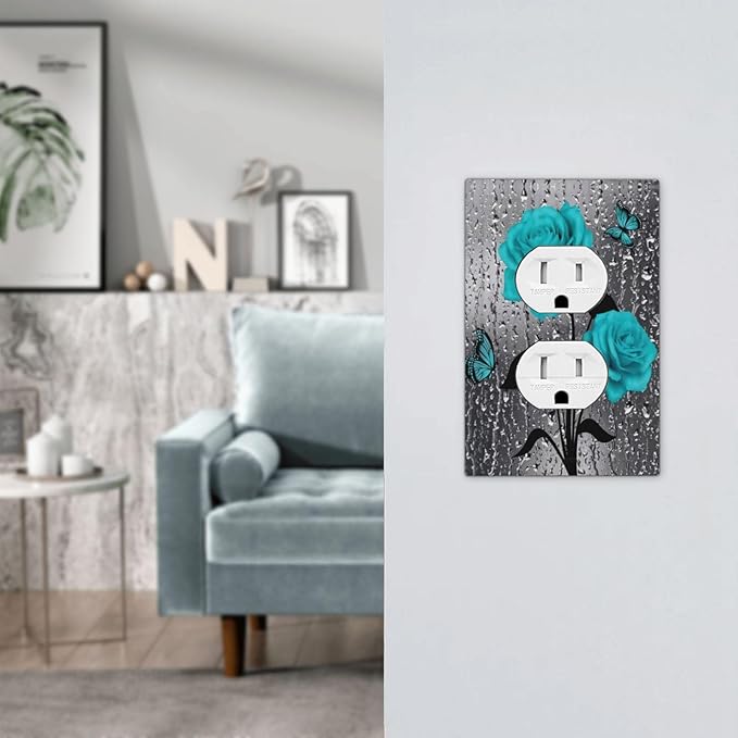 Teal Turquoise Blue Gray Grey Raindrop Rose Flower Floral 1 Device Gang Duplex Receptacle Wall Plate Outlet Cover Romantic Pretty Butterfly Electrical One Gang Dual Light Switch Faceplate Socket Cover