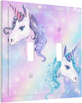 Cute Funny Cartoon Colorful Rainbow Purple/Blue Unicorn Double Toggle Wall Plate Lovely Kid Girl Fantasy Dream Animal Decorative 2-Gang Light Switch Cover Electrical Receptacle Outlet Face Plate Cover