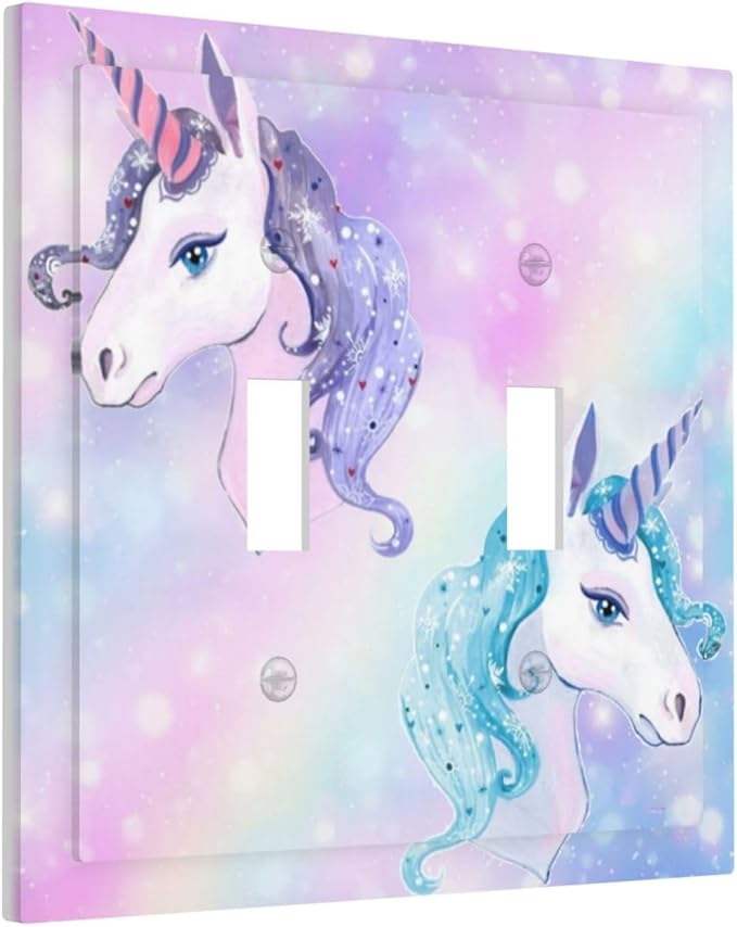 Cute Funny Cartoon Colorful Rainbow Purple/Blue Unicorn Double Toggle Wall Plate Lovely Kid Girl Fantasy Dream Animal Decorative 2-Gang Light Switch Cover Electrical Receptacle Outlet Face Plate Cover