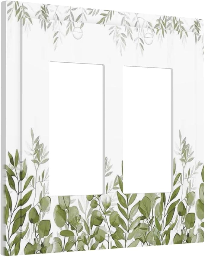 Green Eucalyptus Plant Leaves Vine Decorative Outlet Covers 2 Gang Double GFCI Rocker Electrical Wall Panels Light Switch Cover Plate for Bed Room Living Room Decor