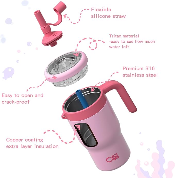 OISIZ 14oz Kids Tumbler with Straw Lid & Handle,Kids Cup with Animal Accessory for School,Kids Water Bottles with Dust-proof Cover,Leakproof Water Bottles,316 Stainless Steel,Keep Cold 24 Hours-pink