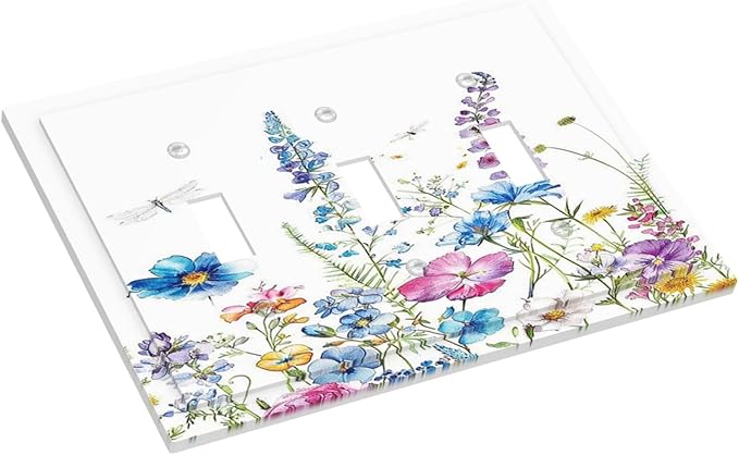 Decorative Switch Plates Boho Colorful Flowers Plants And Dragonflies 3 Gang Wall Plate Faceplate Triple Toggle Light Switch Cover Electrical Wall Panels for Bedroom living Room Decor