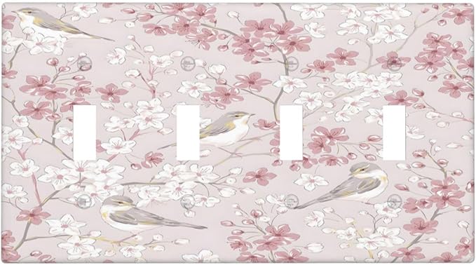 Pink Sakura Cherry Blossom Vintage Bird Floral Flower Light Switch Covers Quad Toggle Electrical Faceplate 4 Gang Wall Plate Decorative Switch Plates Cover for Bedroom Living Room Decor