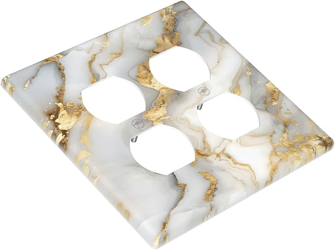 Luxurious White Gold Marble Patterns Abstract Outlet Covers 2 Gang Double Duplex Decorative Light Switch Covers Electrical Wallplates Socket Faceplate for Bathroom Kitchen Decor