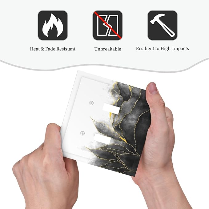 Decorative Switch Plates Black And Gold Marble White Golden Leaves 2 Gang Double Toggle Wall Plate Outlet Light Switch Cover Electrical Faceplate for Bedroom living Room Decor