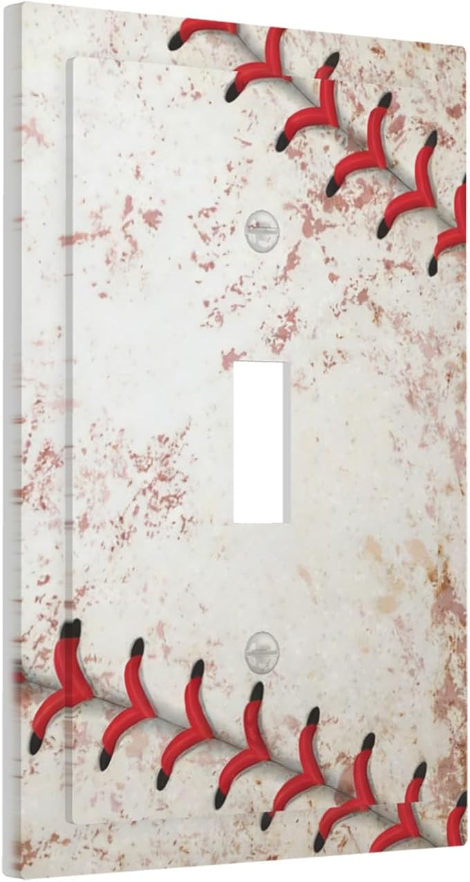 Vintage Baseball Stitch & Distressed Leather 1-Gang Toggle Light Switch Plate, Home Run Game Themed Decorative Wall Plate for Boy's Bedroom