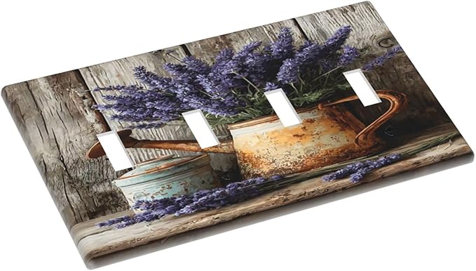 Rustic Flowers Lavender Purple Floral Oil Painting Light Switch Covers Quad Toggle Electrical Faceplate 4 Gang Wall Plate Decorative Switch Plates Cover for Farmhouse Bedroom Decor