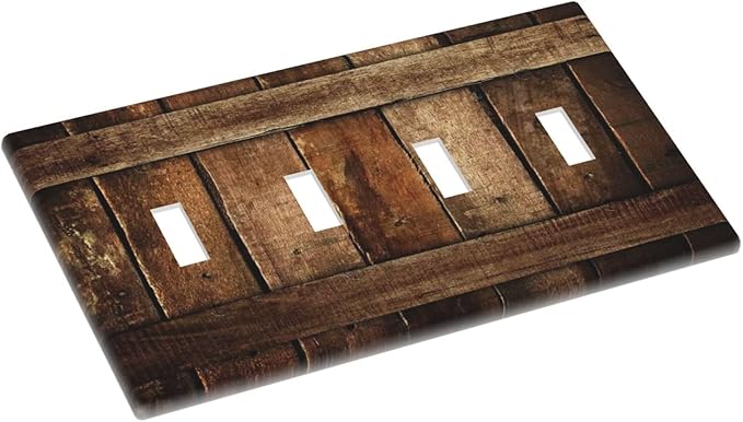 Brown Wooden Barn Door Old Wood Print Light Switch Covers Quad Toggle Electrical Faceplate 4 Gang Wall Plate Decorative Switch Plates for Farmhouse Home Decor