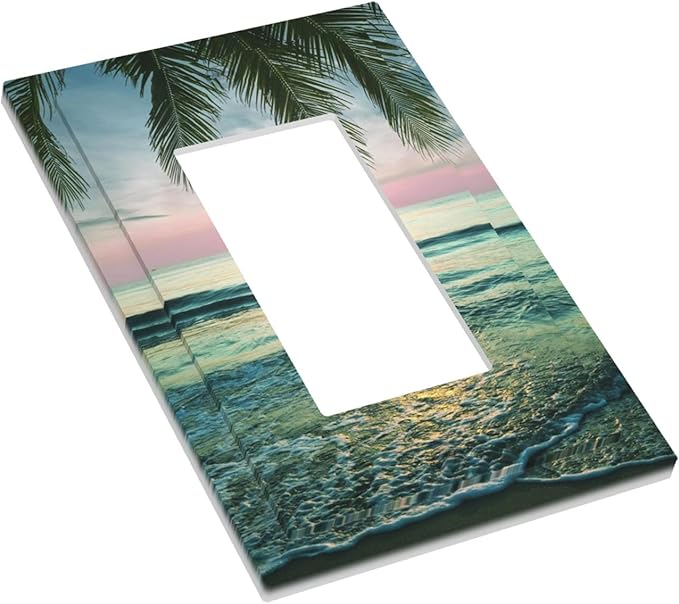 Tropical Beach Sunset Single Rocker Switch Cover - 1-Gang Standard US Size Palm Fringe Ocean View Light Switch Covers for Pool Beach House Decor