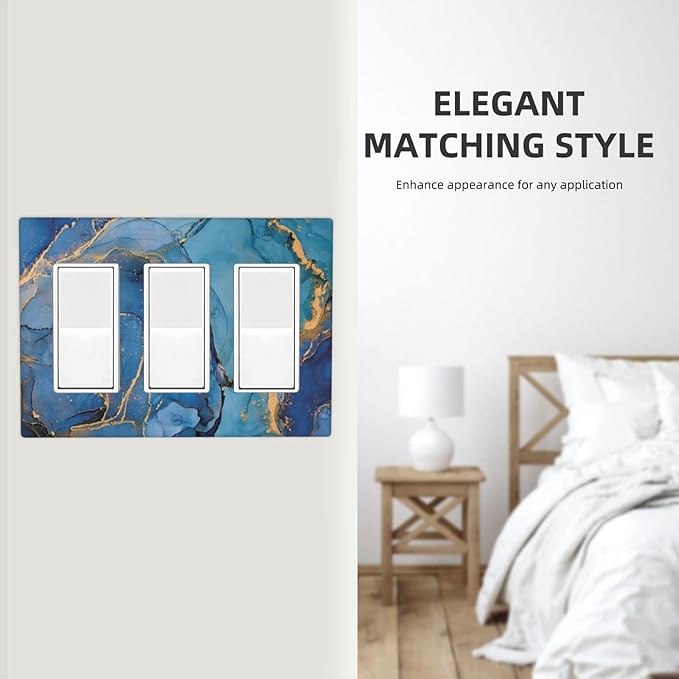 Blue Marble Triple Rocker Light Switch Plate Covers Decorative 3 Gang Decora Wall Plate Modern Ombre WatercolorInk Art Gifi Lightswitch Faceplate for Bathroom Kitchen 6.38" X 4.9"