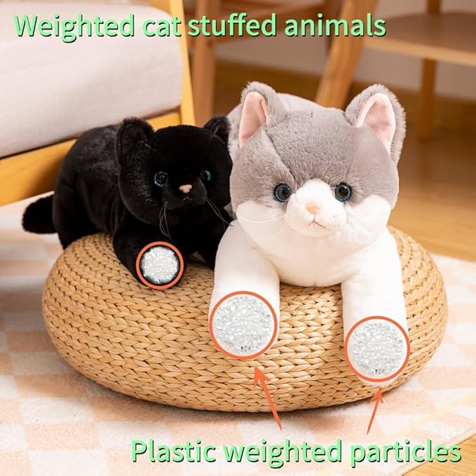 SNOWOLF Cat Stuffed Animals Weighted Plush Toy, 19.7" Realistic Black Cat Plushie Kawaii Toys Soft Ginger Cat Kitten Doll Gift for Boys Girls Birthday Christmas, 1.1 LBs