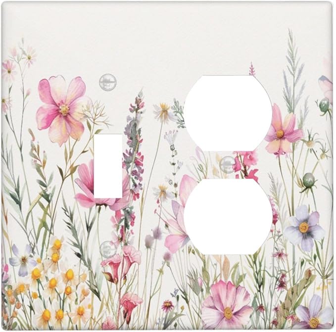 Pink Floral Wild Flowers Watercolor Plants Wallplates 1 Toggle 1 Duplex Switch Plate Electrical GFCI Faceplate Decorative Light Switch Covers for Bedroom Living Room Decor