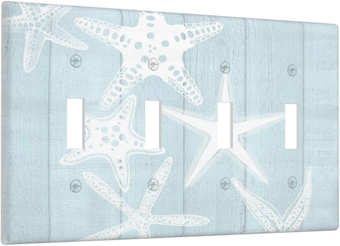 Beach Starfish Vintage Wood Rustic Country Ocean Light Switch Covers Quad Toggle Electrical Faceplate 4 Gang Wall Plate Decorative Switch Plates Cover for Farmhouse Kids Room Decor