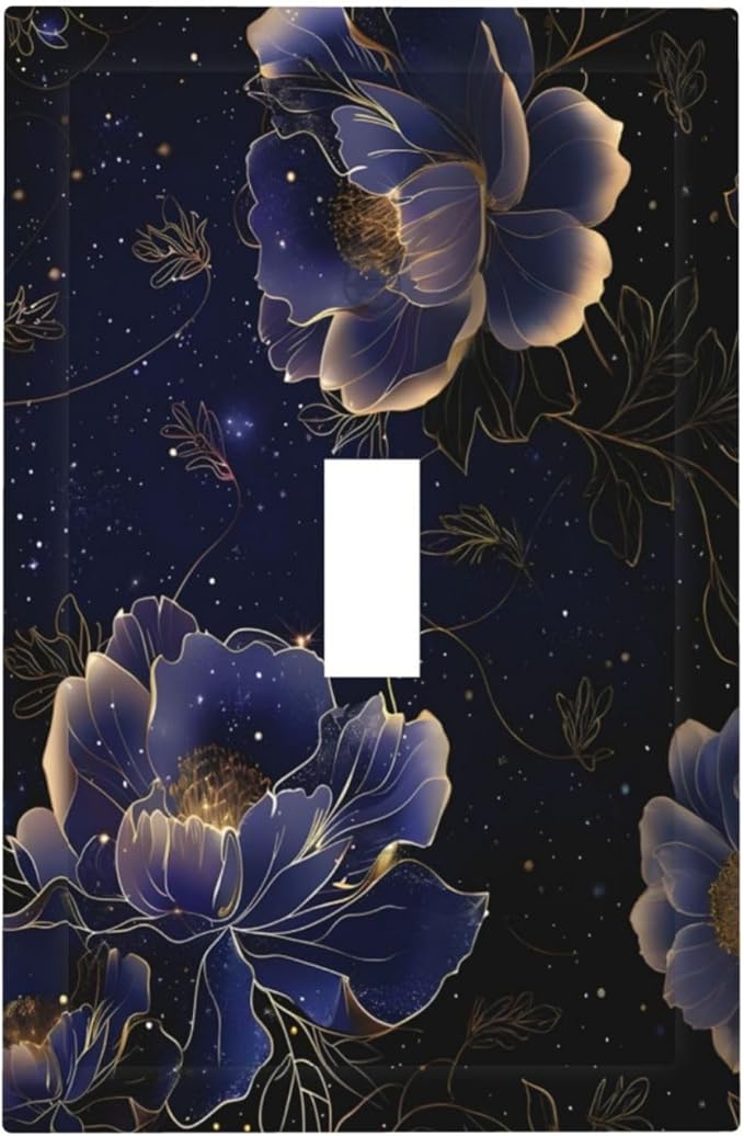Navy Blue Floral Vintage Flower Dark Watercolor Decorative Light Switch Cover 1 Gang Single Toggle Device Electrical Faceplate Switchplates Decorator Outlet Wall Plate for Bedroom Living Room Decor