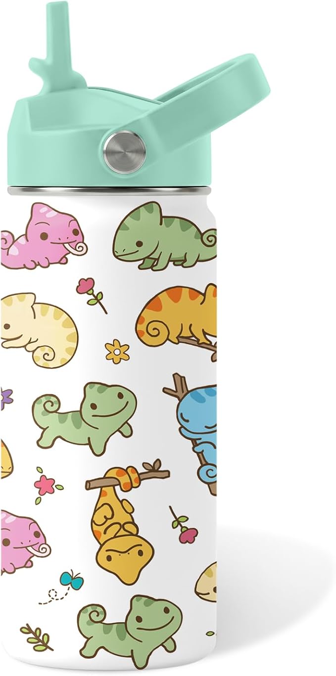 Axolotl Gifts for Girls - 16oz Green Axolotl Water Bottle with Straw Lid, Stainless Steel Insulated Tumbler, Leak Proof, for Boys, Sport, Travel, School - Animal Lovers Children Birthday Gift Cup(1pc)
