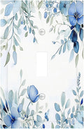 Watercolor Blue Flower Plant Floral Green Leaves Decorative Light Switch Cover 1 Gang Single Toggle Device Electrical Faceplate Switchplates Decorator Outlet Wall Plate for Bedroom Living Room Decor