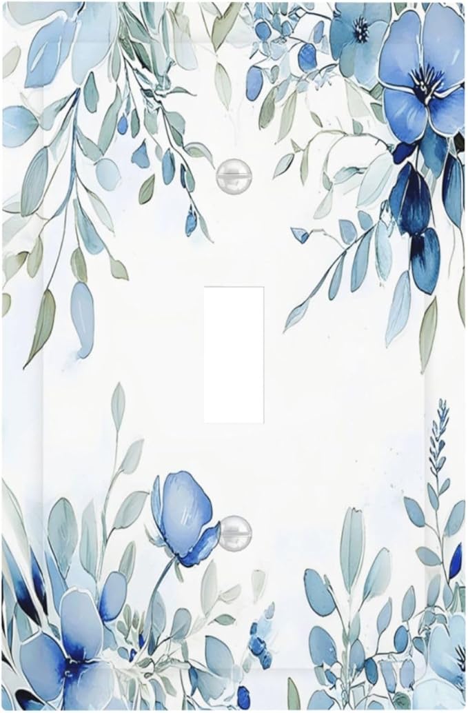Watercolor Blue Flower Plant Floral Green Leaves Decorative Light Switch Cover 1 Gang Single Toggle Device Electrical Faceplate Switchplates Decorator Outlet Wall Plate for Bedroom Living Room Decor